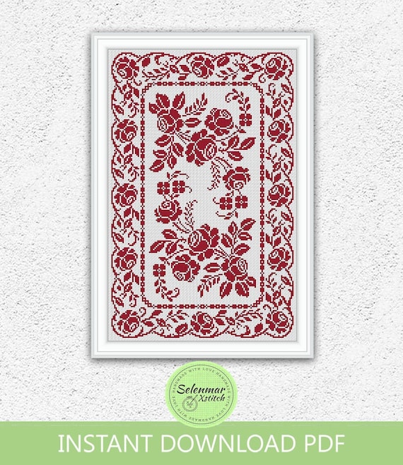 Roses Monochrome Cross Stitch Pattern Flowers Leaves Floral