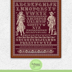 Monochrome quaker sampler counted cross stitch pattern Floral nymph and man embroidery design Antique style xstitch chart S124 image 3