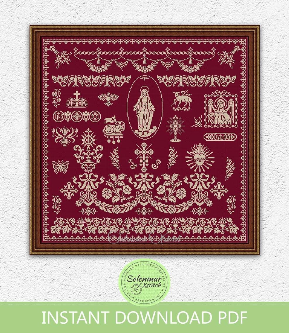 Religious monochrome cross stitch pattern Christian sacred symbols embroidery Bible sampler counted xstitch chart Easter cross stitch #S414