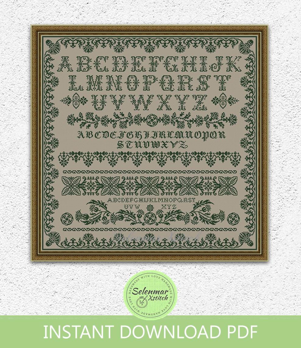 Monochrome floral quaker sampler cross stitch pattern Thistle cross stitch Vintage alphabet embroidery Scottish flower counted xstitch #S235