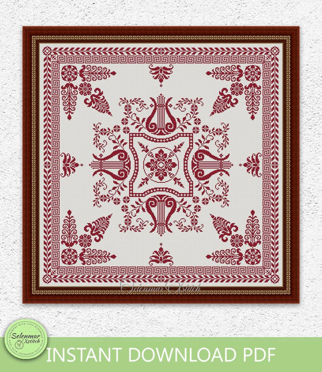 Lyre Monochrome Cross Stitch Pattern Antique Ornament Embroidery Music ...