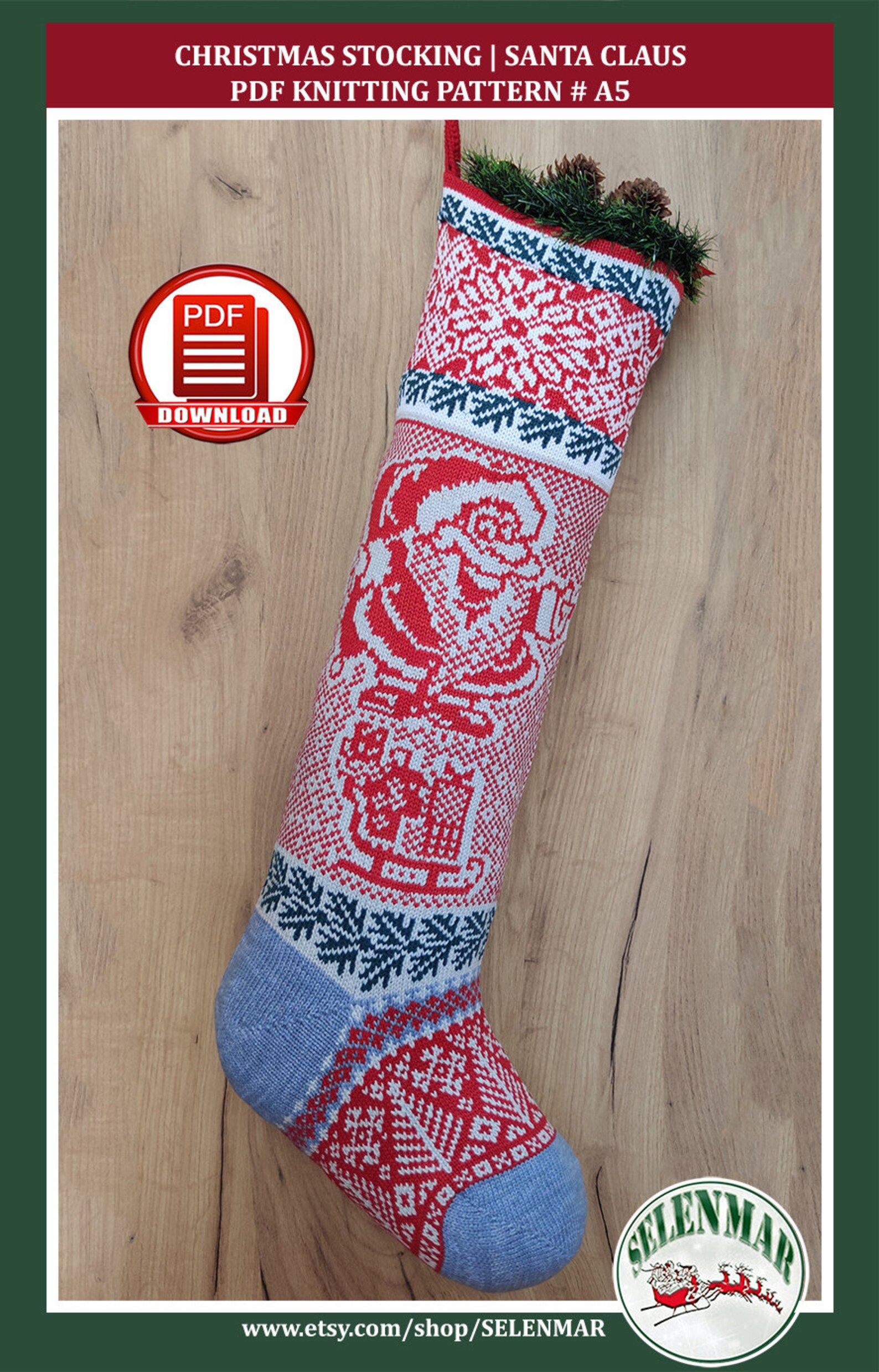 Santa Claus Christmas sock pattern Knit fair isle Etsy