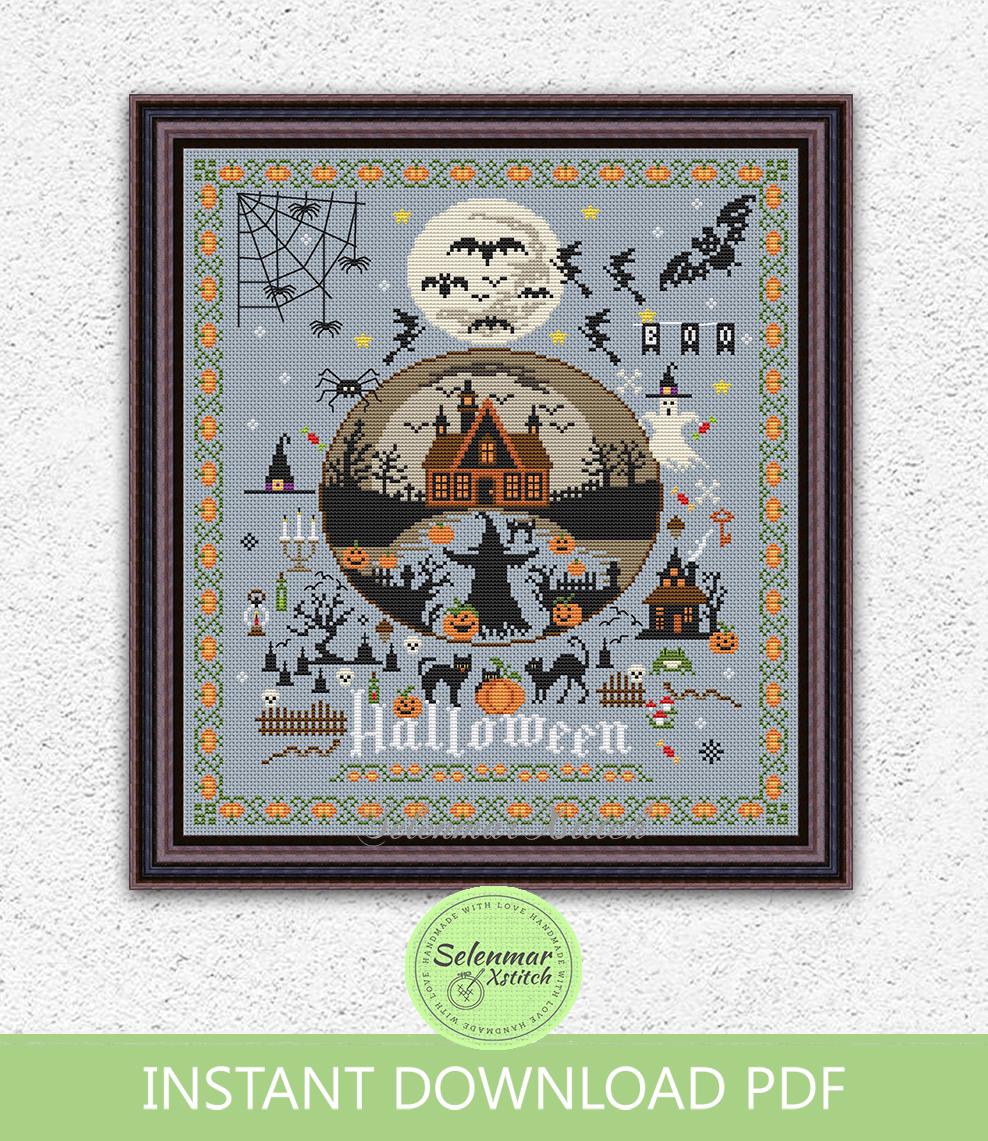 Halloween Haunted House Cross Stitch Pattern Spooky Witch Pumpkin Black ...