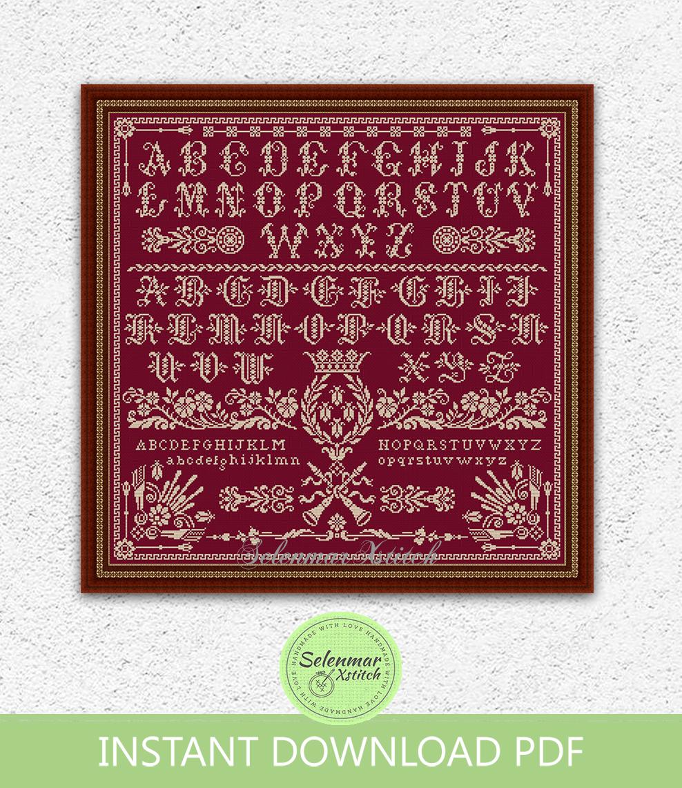 Antique Monochrome Cross Stitch Pattern Crown Quaker Vintage