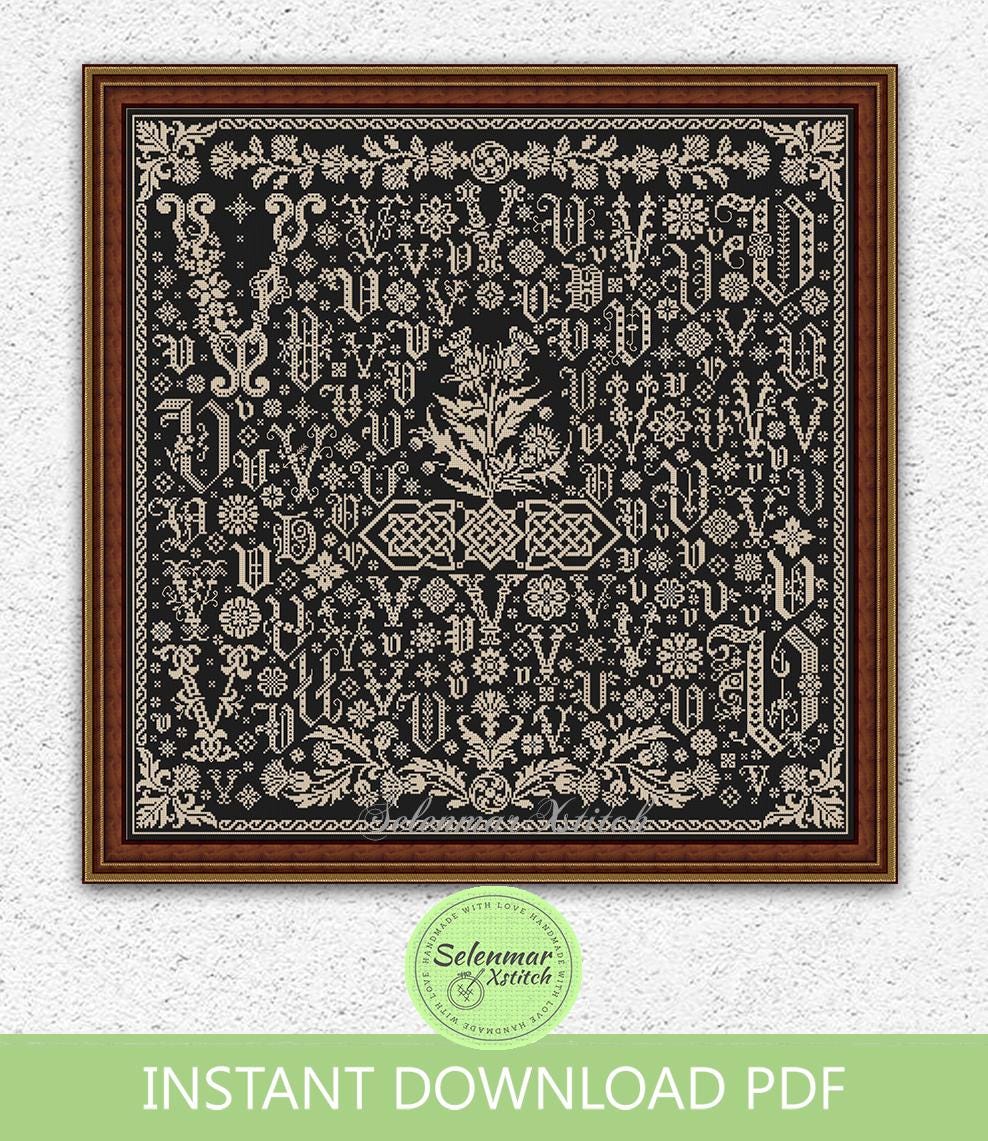 Monochrome Letter V Sampler Cross Stitch Pattern Antique Alphabet ...