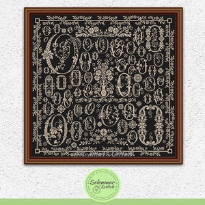 Floral letter O sampler counted cross stitch pattern Flowers alphabet embroidery Monochrome cross stitch Antique style xstitch chart S219 image 2