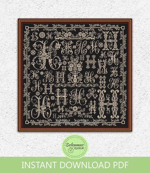 Floral Letter H Sampler Cross Stitch Pattern Monochrome Letter