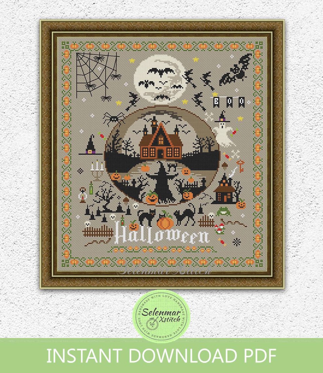 Halloween Haunted House Cross Stitch Pattern Spooky Witch Pumpkin Black ...