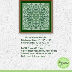 K&ouml;nnte beinhalten: Ein gr&uuml;nes und wei&szlig;es Kreuzstichmuster mit einem geometrischen Design. Das Muster ist gerahmt und der Text "Monochrome Sampler" befindet sich unter dem Bild. Der Text "Stitch count (w x h): 197 x 197" befindet sich unter dem Titel. Der Text "Finished size: 12.3x 12.3 in 32.2 x 32.2 cm" befindet sich unter der Stichzahl. Der Text "FABRIC: Aida16 count" befindet sich unter der fertigen Gr&ouml;&szlig;e. Der Text "Colors Required: 2 DMC floss colours" befindet sich unter dem Stofftyp. Der Text "Stitches used: whole cross stitch." befindet sich unter den ben&ouml;tigten Farben. Der Text "Skill Level: Intermediate" befindet sich unter den verwendeten Stichen. Der Text "INSTANT DOWNLOAD PDF" befindet sich unter dem Schwierigkeitsgrad. Ein rundes Logo mit dem Text "Selentitch" befindet sich in der unteren rechten Ecke.