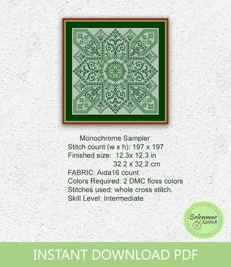 K&ouml;nnte beinhalten: Ein gr&uuml;nes und wei&szlig;es Kreuzstichmuster mit einem geometrischen Design. Das Muster ist gerahmt und der Text "Monochrome Sampler" befindet sich unter dem Bild. Der Text "Stitch count (w x h): 197 x 197" befindet sich unter dem Titel. Der Text "Finished size: 12.3x 12.3 in 32.2 x 32.2 cm" befindet sich unter der Stichzahl. Der Text "FABRIC: Aida16 count" befindet sich unter der fertigen Gr&ouml;&szlig;e. Der Text "Colors Required: 2 DMC floss colours" befindet sich unter dem Stofftyp. Der Text "Stitches used: whole cross stitch." befindet sich unter den ben&ouml;tigten Farben. Der Text "Skill Level: Intermediate" befindet sich unter den verwendeten Stichen. Der Text "INSTANT DOWNLOAD PDF" befindet sich unter dem Schwierigkeitsgrad. Ein rundes Logo mit dem Text "Selentitch" befindet sich in der unteren rechten Ecke.