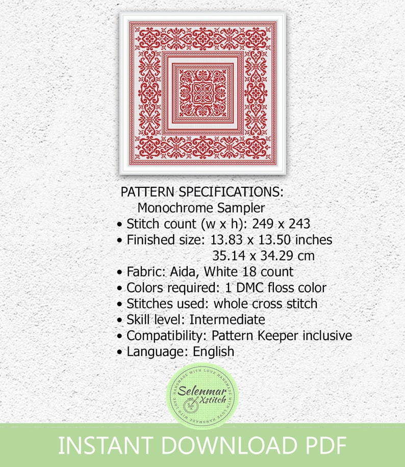 Monochrome cross stitch pattern Mosaic Tile cross stitch Square embroidery sampler Antique ornament xstitch chart Digital PDF download S94 image 4