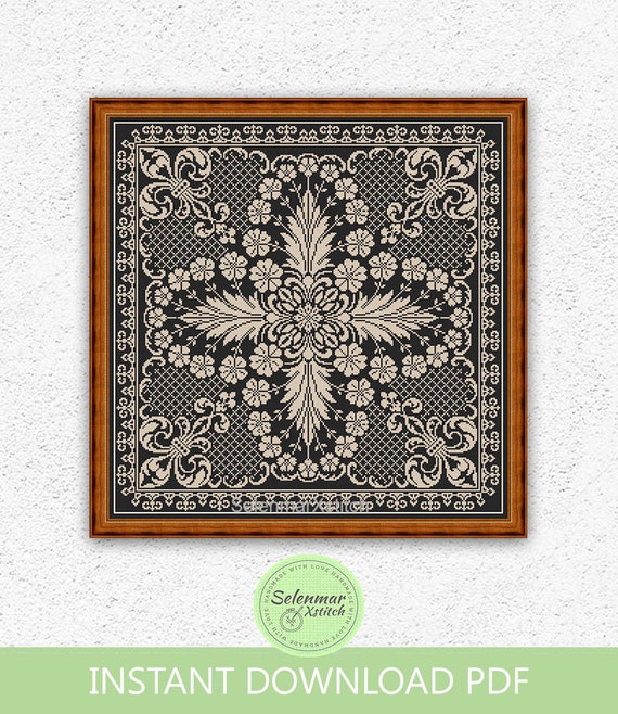 アントステラ　サンプラー（額） Floral Monochrome Cross Stitch Pattern Lace Cross Stitch