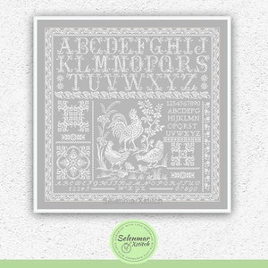 Quaker sampler cross stitch pattern Birds, rooster, hens, chickens xstitch chart Rustic farmhouse alphabet sampler embroidery design 329 image 4