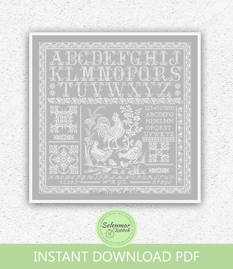 Quaker sampler cross stitch pattern Birds, rooster, hens, chickens xstitch chart Rustic farmhouse alphabet sampler embroidery design 329 image 4