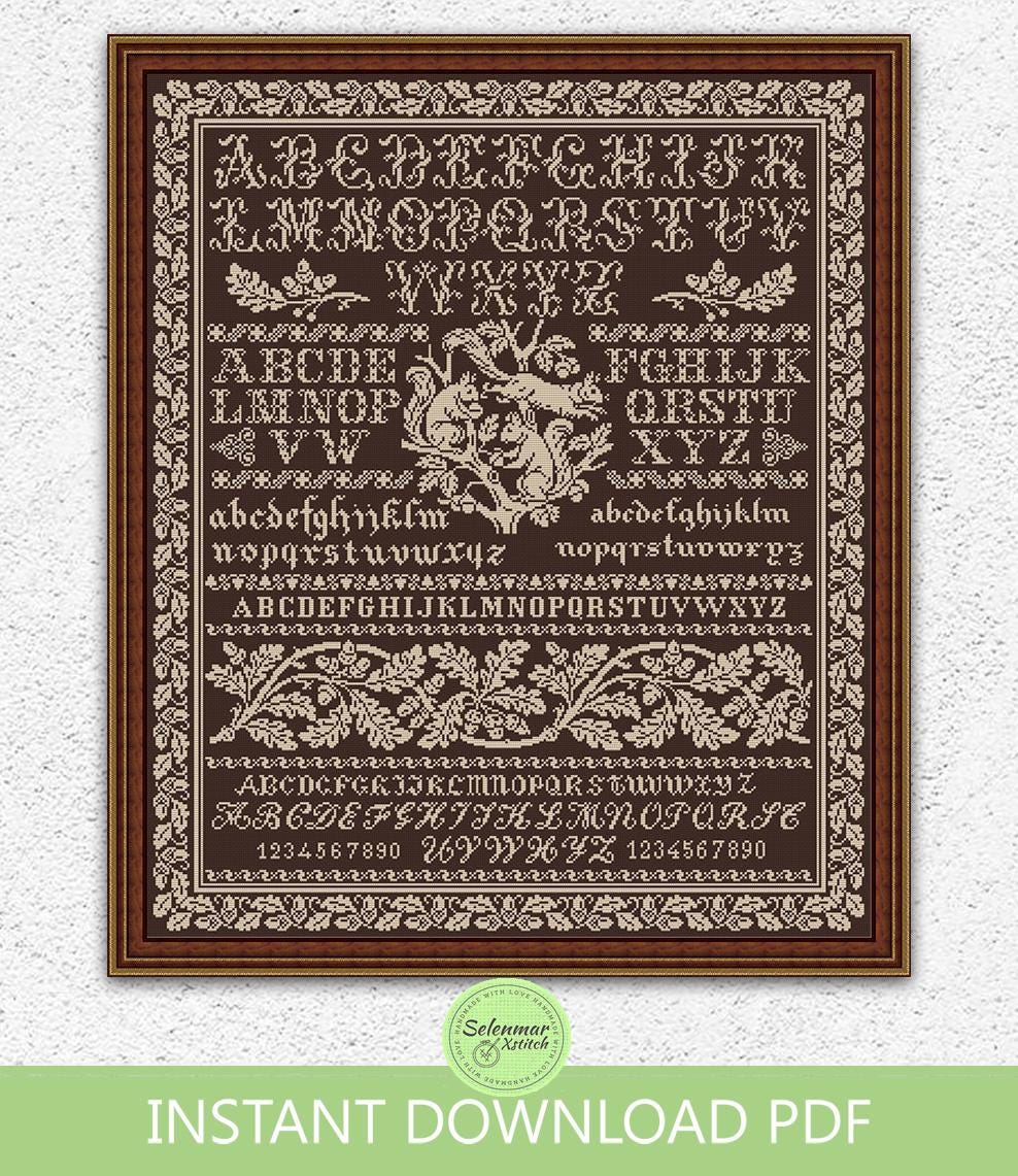 Quaker Sampler Cross Stitch Pattern Squirrels Cross Stitch Oak
