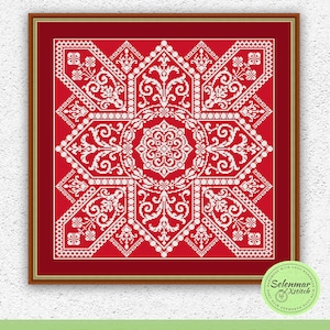K&ouml;nnte beinhalten: Ein rotes und wei&szlig;es Kreuzstichmuster mit einem floralen Design. Das Muster ist in einem braunen Rahmen gerahmt. Das Muster hei&szlig;t "Selennar Stitch" und ist handgefertigt mit Liebe.