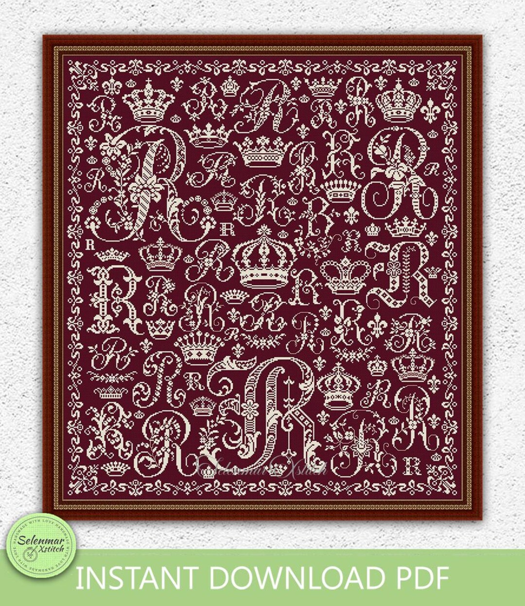 Monochrome Initial R Sampler Cross Stitch Pattern Royal Monogram ...