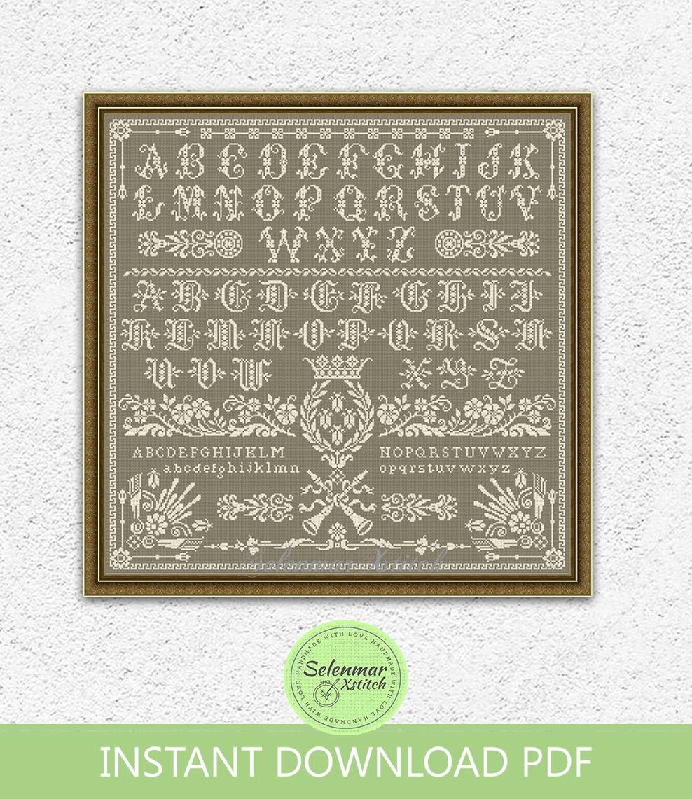 Antique Monochrome Cross Stitch Pattern Crown Quaker Vintage