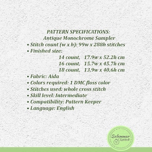 Puede incluir: Especificaciones del patr&oacute;n para un sampler monocrom&aacute;tico antiguo de punto de cruz. El patr&oacute;n requiere un color de hilo DMC y utiliza punto de cruz completo. El tama&ntilde;o terminado es de 17,9 cm por 52,2 cm en tela Aida de 14 puntos, 15,7 cm por 45,7 cm en tela Aida de 16 puntos, o 13,9 cm por 40,6 cm en tela Aida de 18 puntos. El patr&oacute;n es compatible con Pattern Keeper y est&aacute; escrito en ingl&eacute;s.