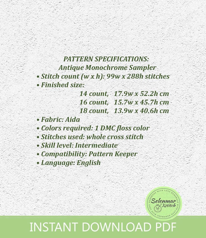 Puede incluir: Especificaciones del patr&oacute;n para un sampler monocrom&aacute;tico antiguo de punto de cruz. El patr&oacute;n requiere un color de hilo DMC y utiliza punto de cruz completo. El tama&ntilde;o terminado es de 17,9 cm por 52,2 cm en tela Aida de 14 puntos, 15,7 cm por 45,7 cm en tela Aida de 16 puntos, o 13,9 cm por 40,6 cm en tela Aida de 18 puntos. El patr&oacute;n es compatible con Pattern Keeper y est&aacute; escrito en ingl&eacute;s.