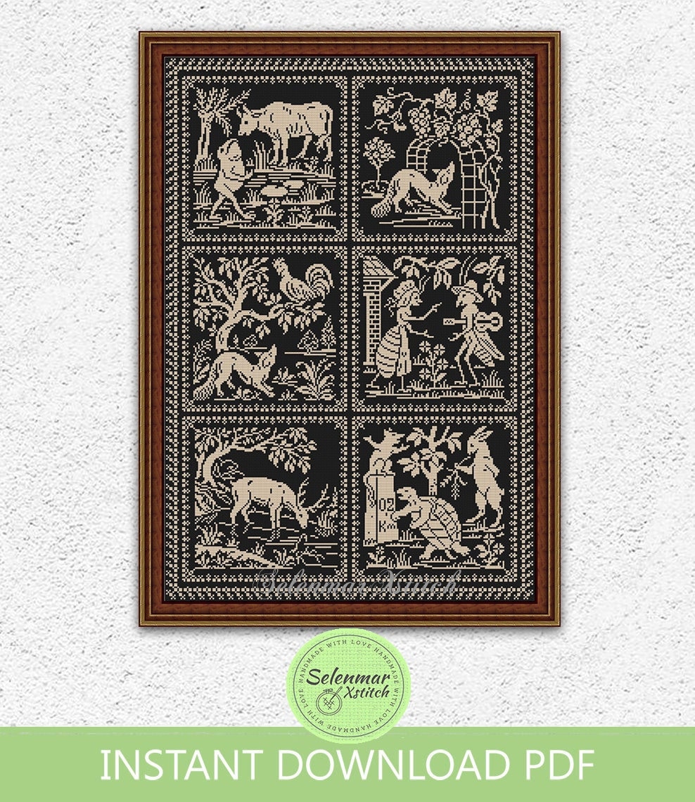 Fables Monochrome Cross Stitch Pattern Ancient Aesop Fables