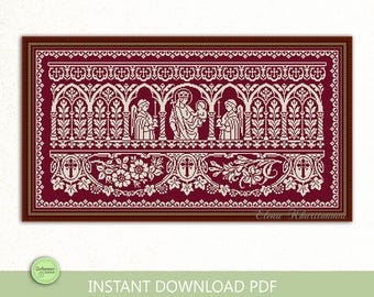 May include: A cross-stitch pattern in burgundy and cream, depicting a religious scene with figures in arched frames, floral and cross motifs, and the text "INSTANT DOWNLOAD PDF". The design is framed in a dark brown border.
