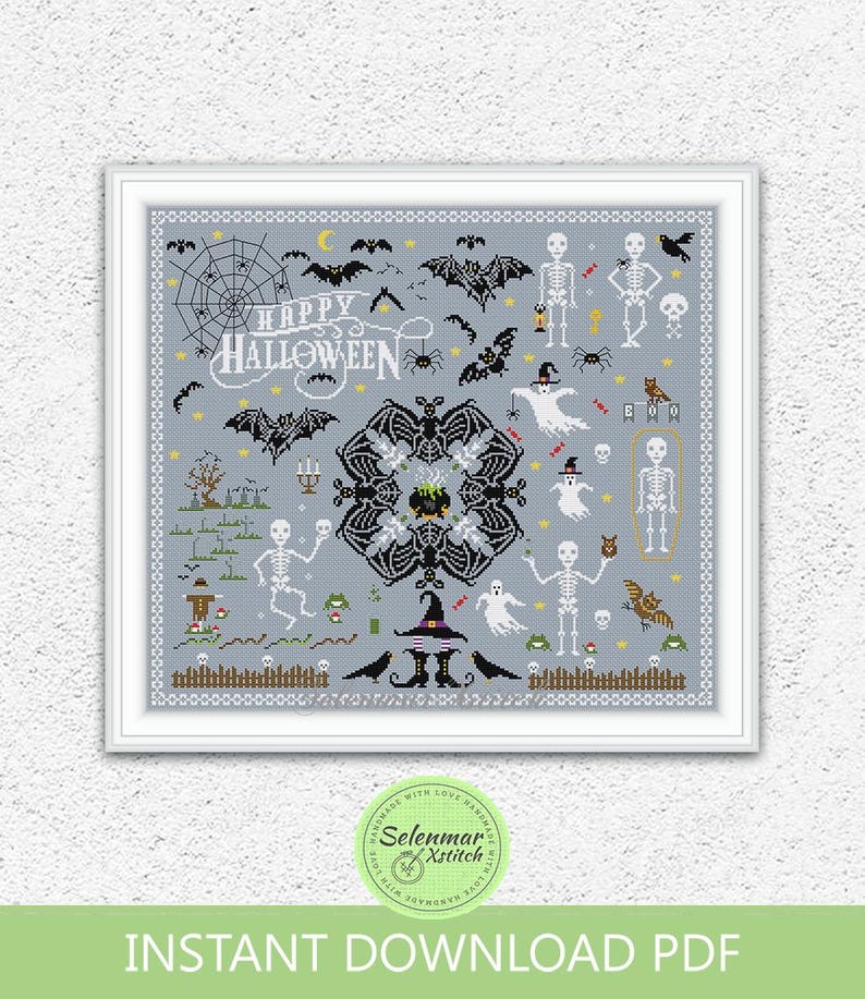 Happy Halloween Cross Stitch Pattern Skeleton Spooky Bats Ghosts ...