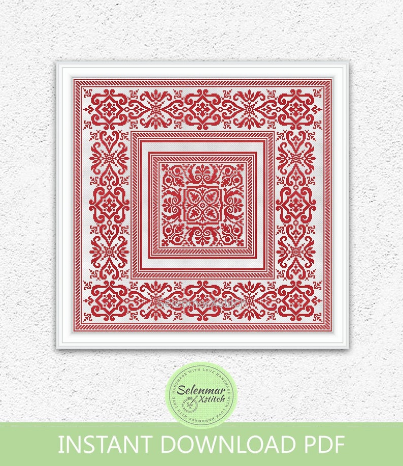 Monochrome cross stitch pattern Mosaic Tile cross stitch Square embroidery sampler Antique ornament xstitch chart Digital PDF download S94 image 1