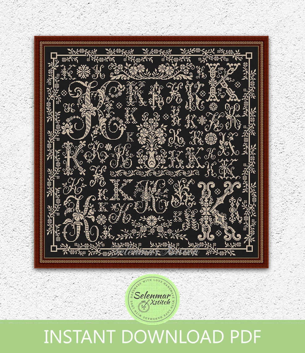 Floral Capital Letter K Sampler Cross Stitch Pattern Monochrome