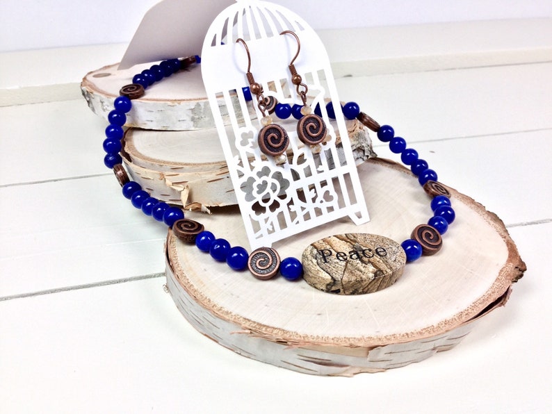 Peace granite focal on cobalt blue jade necklace with matching earrings