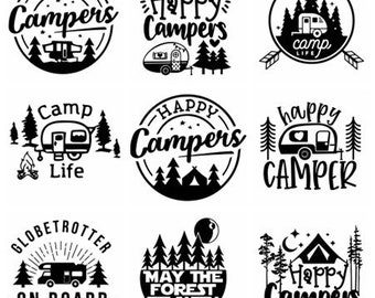 COULEUR NOIR - Sticker véhicule Happy Camper, remorque, caravane