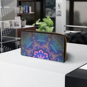Cartera con cremallera con diseño de mandala azteca morado y aguamarina