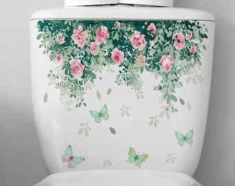 Pink Flowers, Plant Leaves & Butterflies Bathroom Decal Sticker • Toilets, Draws, Cupboards, Tiles, Walls •