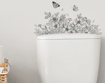 Home Decor, Toilet Decal Sticker • Toilets, Draws, Cupboards, Tiles, Glass • Black Garden, Flowers and Butterflys •