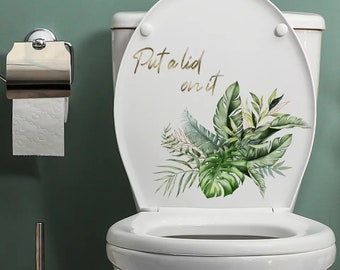 Leaves "Put a Lid on it"  Bathroom Decal Sticker • Toilets, Draws, Cupboards, Tiles, Walls • Green Foliage & Gold Writing •