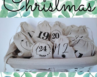 CLEARANCE***** Christmas Count Down Advent Calendar DIY Gifts & Setup • 24 Numbered Gift Bags • Reusable Cloth Bags • Eco Friendly •