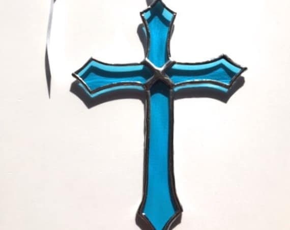 Aquamarine Stained Glass Cross Suncatcher Wall Window Garden Decor, Gift Of Comfort, Christening, Holy Communion