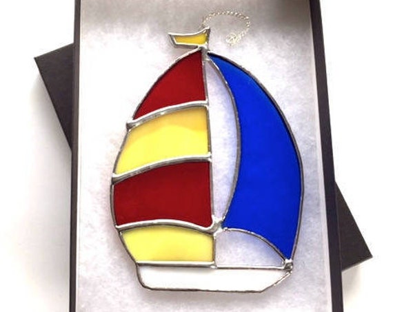 Red, Yellow and Blue Spinnaker Stained Glass Sailboat Suncatcher Home Decor, Sailor Gift Boating Window Ornament Yacht Sailing
