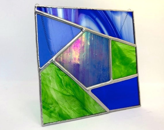 Geometric Iridescent Blue And Green Stained Glass Suncatcher Home Decor, Housewarming, Wedding Present, Modern Gift