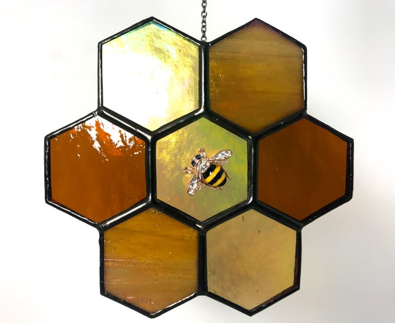 Iridised Amber Honeycomb Stained Glass Suncatcher Home Decor, Window Ornament, Wall Decoration