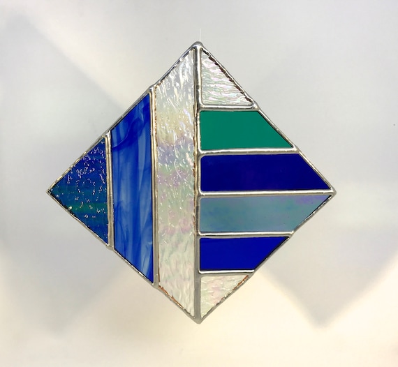 Diamond Shaped Abstract Blue Stained Glass Suncatcher, Wall Art Home Decor, Perfect Gift
