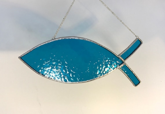 Ichthys Aquamarine Stained Glass Suncatcher, Window Or Garden Decor, Baptism, Christening, Holy Communion