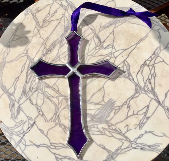 Amethyst Stained Glass Cross Suncatcher Wall Window Garden Decor, Gift Of Comfort, Christening, Holy Communion