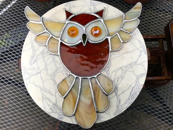 Large Amber Eyed Flying Owl Stained Glass Suncatcher, Wall Art, Home Decor, Owl Lover Gift