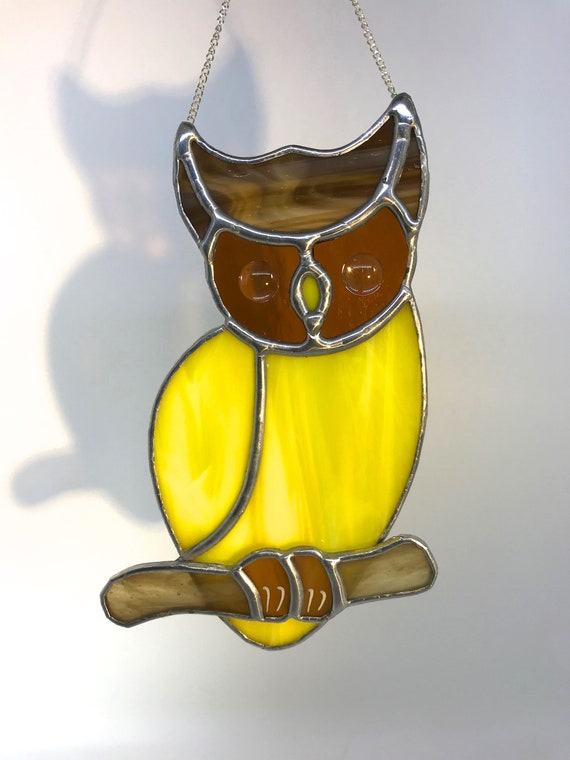 Magical Yellow Owl Stained Glass Suncatcher, Wall Art, Home Decor, Harry Potter Fan, Hedwig, Tawny, Brown, Screech Owl Gift