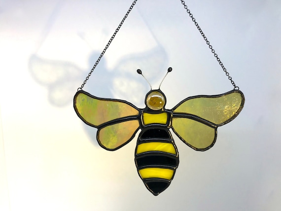Iridescent Golden Winged Bee Stained Glass Suncatcher Home Decor, Honey Lover Gift, Window Ornament