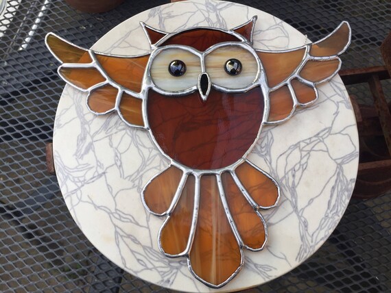 Large Amber Flying Owl Stained Glass Suncatcher, Wall Art, Home Decor, Harry Potter Fan, Owl Lover Gift
