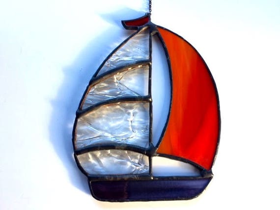 Clear Crinkle and Orange Spinnaker Stained Glass Sailboat Suncatcher Home Decor, Sailor Birthday Gift Window Ornament