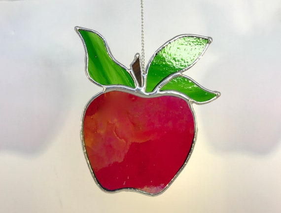 Iridescent Red Apple Stained Glass Suncatcher, Fruit Wall Art Home Decor Teacher Gift, Birthday Present, Student Gift