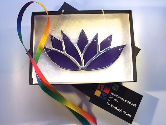 Beautiful, Calming Amethyst Lotus Flower Handmade Stained Glass Suncatcher, Wall Decoration, Karma Gift